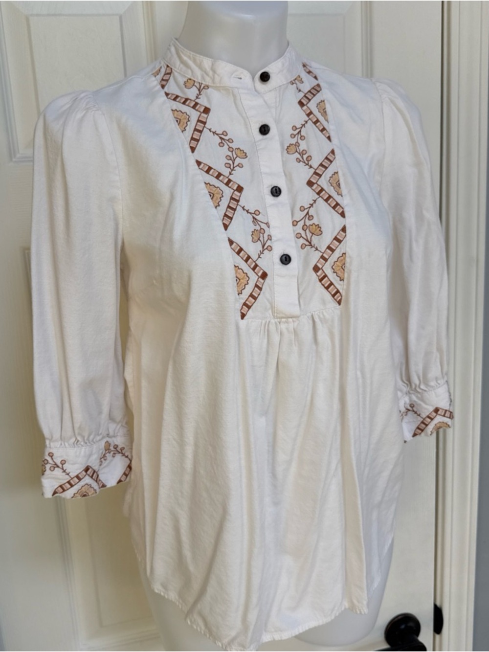KNOX ROSE Womens White Embroidered Boho Floral Aztec Peasant Babydoll Blouse XS